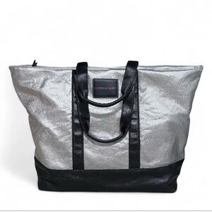VICTORIA'S SECRET Silver Black Metallic Weekend Tote Bag‎ Zipper Closure NWT